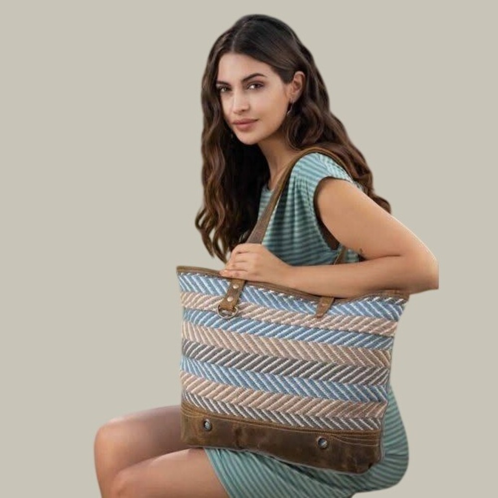 Myra Bag Tote Large Blue Canvas Leather Upcycled Rug Herringbone Western Boho